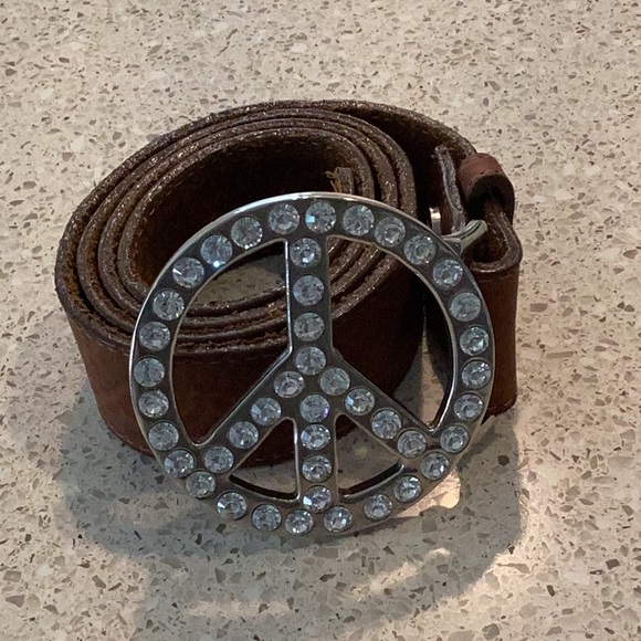 Leatherock Rhinestone Studded Peace Buckle Genuine Leather Statement Belt - Picture 3 of 9